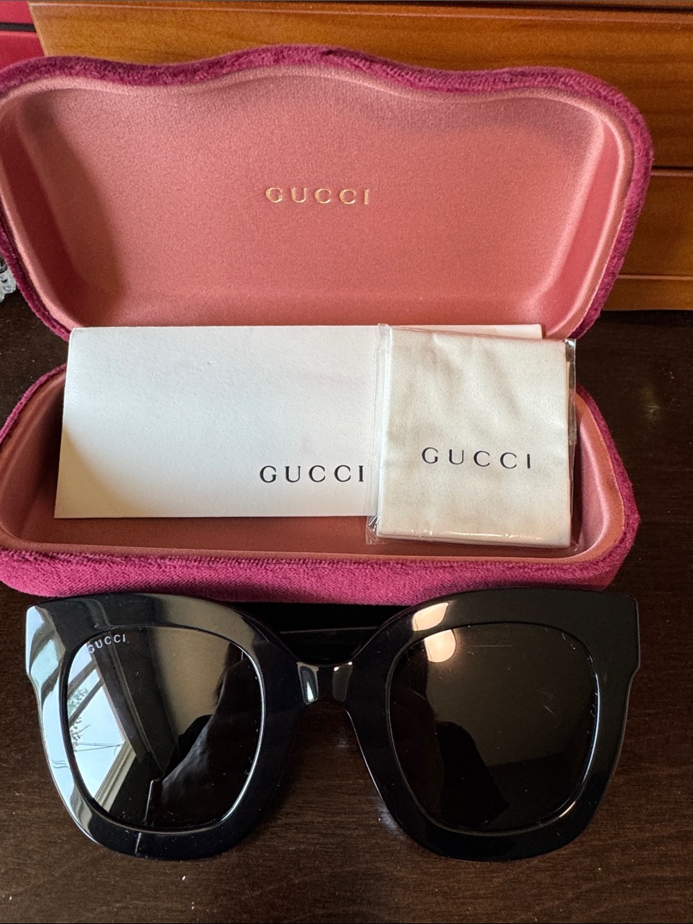Gucci Black Oversized Square Sunglasses with Pink Velvet Case